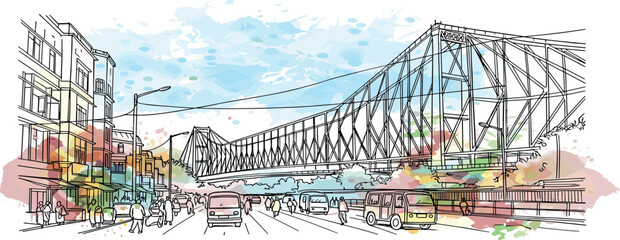 Vibrant watercolor cityscape illustration with a majestic industrial bridge spanning an urban street, capturing the dynamic energy of a bustling metropolis