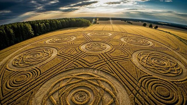 Aerial View of Intricate Crop Circle Formation at Sunset.