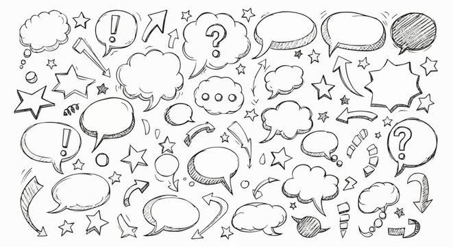 Hand drawn speech bubbles and arrows with question marks and exclamation points in a doodle style design