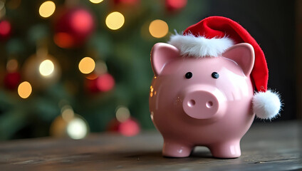 A pink piggy bank wearing santa hat, decorated christmas tree, copy space - holiday savings, budget, investment, business growth, future financial planning, Christmas celebration