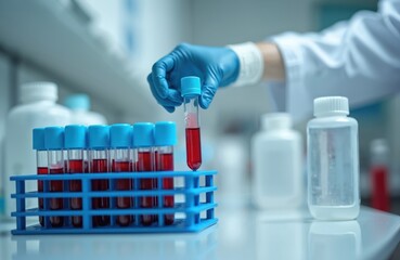 Scientist in blue gloves handles blood samples in rack. Lab technician examines test tubes in modern science laboratory. Medical research for health diagnostics. Healthcare and analysis.