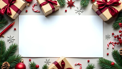 Fototapeta premium Mockup of blank white paper frame, gifts, pine branches, ornaments, decorations - festive holiday greeting card, template, banner, surface, space, wish list