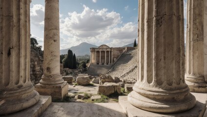 Ancient Roman Temple Ruins with Majestic Columns and Mountainous Landscape.