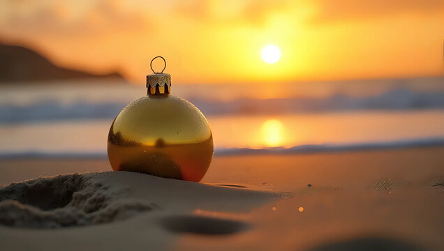 A gold bauble, golden ball decoration, christmas tree ornament on sandy beach, ocean beach sunset - summer tropical, holiday vacation, winter, christmas celebration - Powered by Adobe