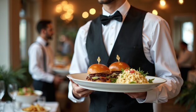 Waiter serves gourmet burgers with pasta salad on white plate in restaurant or event hall. Food catering pro offers delicious meal during dinner service. Guests enjoy fine dining experience indoors. - Powered by Adobe