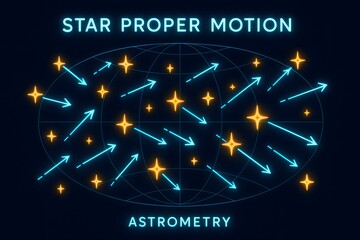 Neon Star Motion Diagram with Proper Motion Arrows for Astronomy Visualization