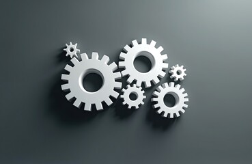 White gears interlock on dark gray background. These mechanical parts represent industry and teamwork. Small and large cogs work together in a machine.
