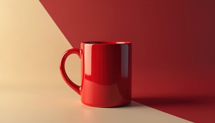 Bright red coffee mug with simple handle sits on cream surface with red backdrop. Minimalist design suitable for drink ads or kitchen decor concepts.