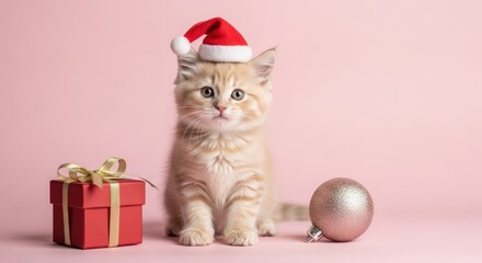 Christmas. Adorable fluffy kitten wearing a Santa hat sits beside a red gift box and a shiny ornament, capturing the festive spirit of Christmas and New Year celebrations