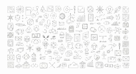 Obraz premium Collection of hand drawn line art icons featuring business elements, arrows, and various other symbols