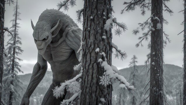 Mythical creature in a snowy forest, a monstrous being with horns and sharp claws lurking behind trees in a winter landscape. - Powered by Adobe