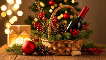 Festive Christmas Basket with Wine, Pinecones and Red Holiday Ornaments