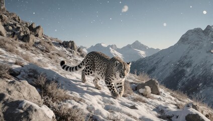 Snow Leopard Mother and Cub Trekking Through a Snowy Mountain Landscape.