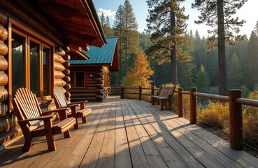 Rustic log cabin home located in mountain forest. Exterior shows wooden deck with chairs overlooking scenic wooded area. Cabin design offers peaceful retreat with natural views.