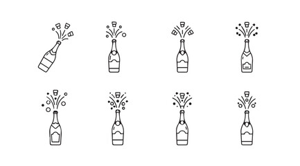 Eight champagne bottle silhouettes celebrating with bubbles and sparkles