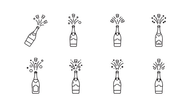 Eight champagne bottle silhouettes celebrating with bubbles and sparkles