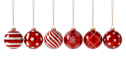 A collection of six vibrant red christmas ornaments with varied patterns hanging from threads on transparent background
