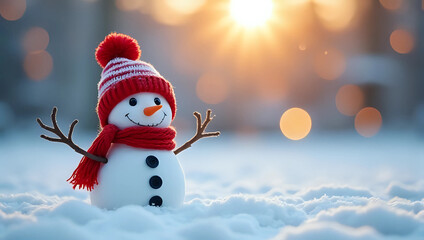 A cute smiling snowman wearing red knit hat and scarf, standing in snowy park outdoor, copy space - greeting, banner, template, winter fun, Christmas New Year festive holiday celebration concept