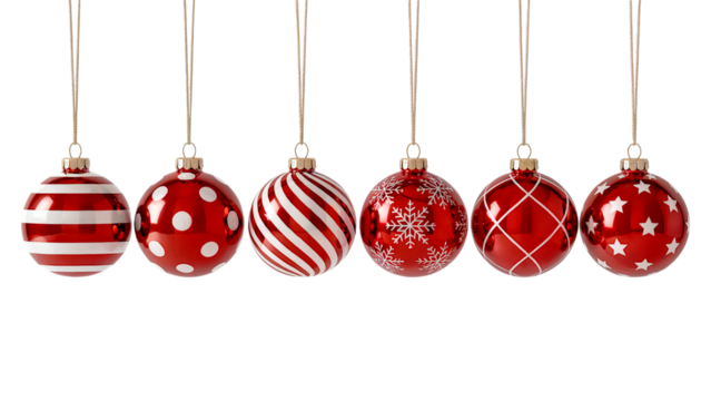 A collection of six vibrant red christmas ornaments with varied patterns hanging from threads on transparent background