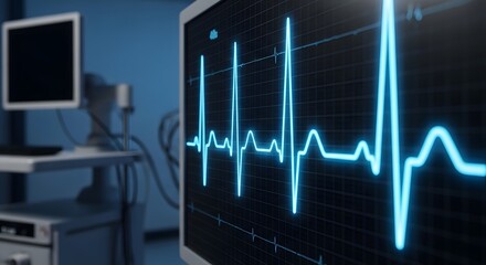 Glowing Blue EKG Heartbeat Displayed on Monitor in Medical Setting.