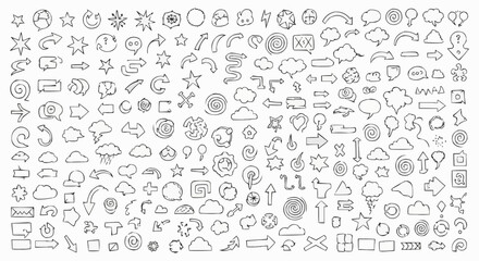 Collection of hand drawn doodle elements including arrows speech bubbles stars and cloud shapes vector image