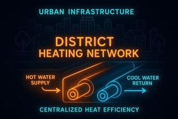 Urban Heating Network Diagram with Pipes and Infrastructure for City Planning