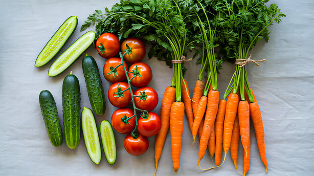 Fresh carrots tomatoes and cucumbers arranged neatly on light surface
