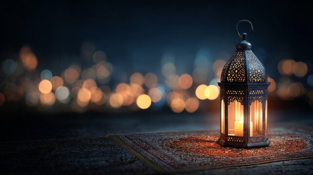 Ramadan kareem night scene with traditional lanterns glowing warmly against a serene evening sky, creating peaceful islamic festival atmosphere for eid celebration and holy month background - Powered by Adobe