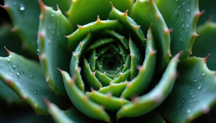 Close up photo of aloe vera plant. Water drops on green leaves of succulent. Detailed view shows spiral shape texture. This art photo is about natural beauty