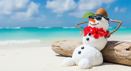 Naklejka premium Christmas. Snowman wearing sunglasses and a straw hat, relaxing on a tropical beach with ocean waves in the background, embodying a fun and festive holiday spirit
