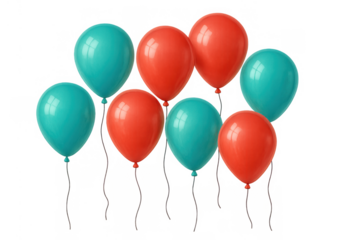 Floating party balloons in vibrant red and teal colors for celebrations, birthdays, and holidays on transparent background
