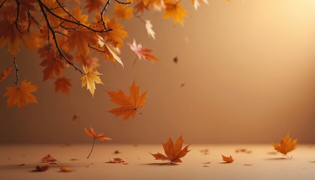 Autumn leaves fall from tree branch with beige background. Orange and brown maple leaves float down gently. Minimalist seasonal motif, dry foliage scattered on surface. - Powered by Adobe