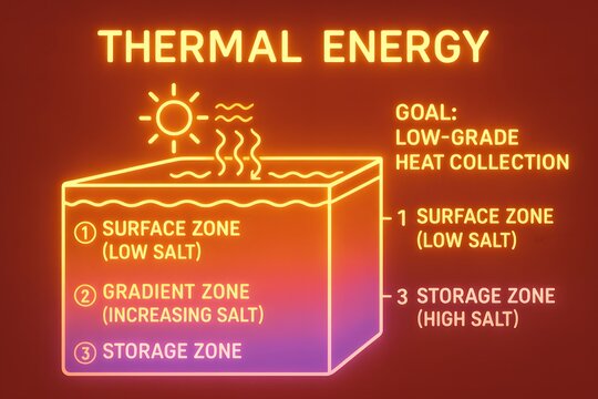 Salt Pond Thermal Layers with Temperature Gradient for Solar Energy Research