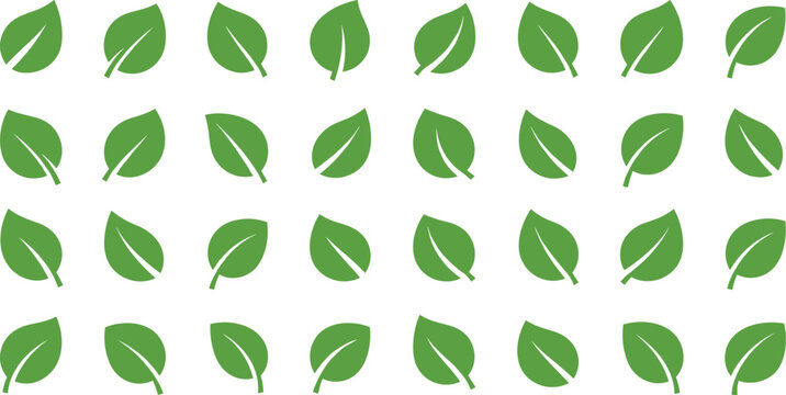Green leaf icons, eco symbol pattern, natural foliage illustration, environmental design elements, botanical leaf graphics for sustainable themed projects