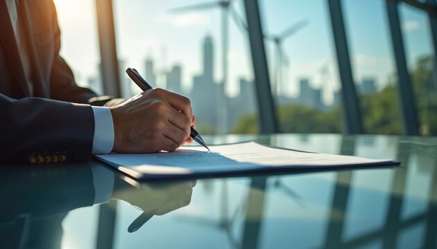Businessman signs deal for green energy. Hand holds pen on contract. Modern office with view of city skyline, wind turbines, solar farms. Future, sustainable power.
