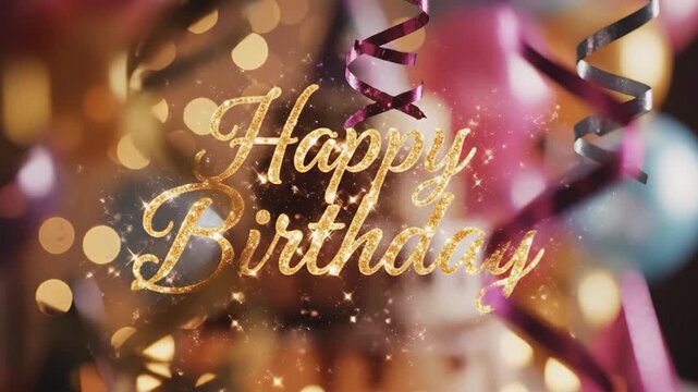 Sparkling gold 'Happy Birthday' text with colorful ribbons and bokeh lights for a festive celebration. - Powered by Adobe