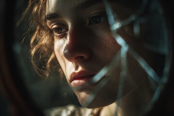 A woman staring into a cracked mirror.