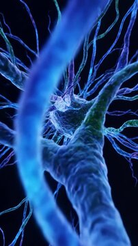 Detailed macro view of an intricate abstract organic network constantly expanding and branching outward in a seamless biological looping pattern constantly expanding, microscopic, infinite