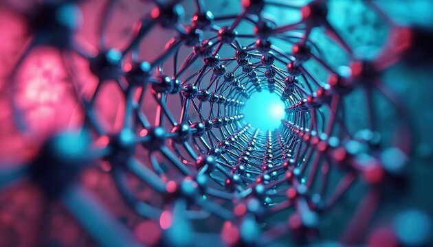 Microscopic view inside a carbon nanotube structure. Atoms form a hexagonal lattice creating a futuristic tunnel. Abstract science and tech concept.