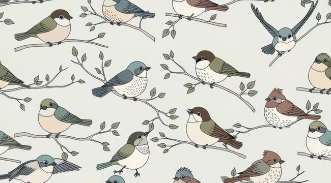 Delicate bird pattern with perched songbirds and leafy branches creates a tranquil background