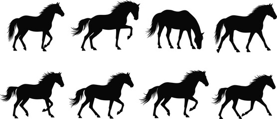 Silhouette horses in various walking and running poses, elegant horse outlines, wildlife animal design elements, equine movement illustration set for graphics