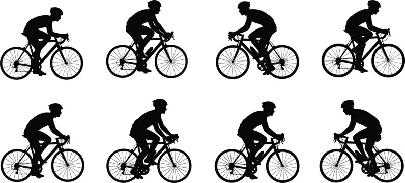Silhouette cyclists riding bicycles in various positions, sporty bike riders collection, fitness cycling illustration set, active transportation design elements