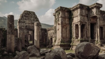 Fototapeta premium Ancient stone ruins of a historic temple with weathered pillars and intricate carvings.