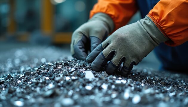 Worker in gloves sorts through pile of metal shards. Processed material for industry. Heavy metal fragments in factory setting. Manufacturing, recycling, production.