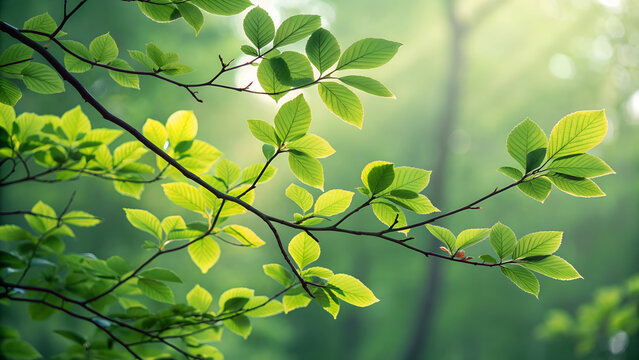 Fresh green tree leaves in sunlight, blurred forest background. Calm and refreshing atmosphere. Perfect for eco-friendly branding, wellness and meditation visuals, website headers, organic backdrop