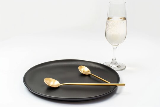 Elegant Dining Champagne Glass Black Plate and Golden Spoons Celebration on transparent background - Powered by Adobe