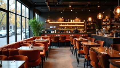 Modern cafe interior with plush orange seating and dark wood tables. Ambient warm lighting illuminates the bar area. Large windows show outdoor street view with passing cars and trees.