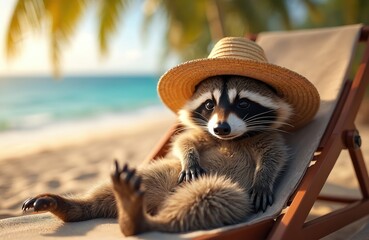 Charming raccoon lounges on beach chair enjoying tropical vacation. Masked mammal wears stylish straw hat relaxing by turquoise ocean water. It is delightful summer scene of leisure and wildlife.