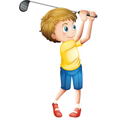 Young Boy Swinging Golf Club During a Sunny Day Wearing a Yellow Shirt Blue Shorts and Red Shoes with Blonde Hair and Blue Eyes Enjoying Sport Activity