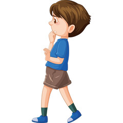 Young boy thinking with hand on chin wearing blue t-shirt and brown shorts walking with green socks and blue shoes in studio